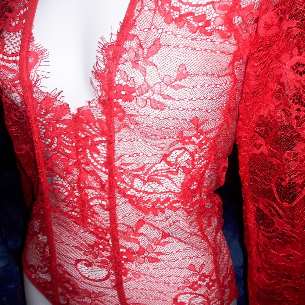 Red Sheer Lace Long Sleeve Bodysuit Romper - Picture 5 of 7